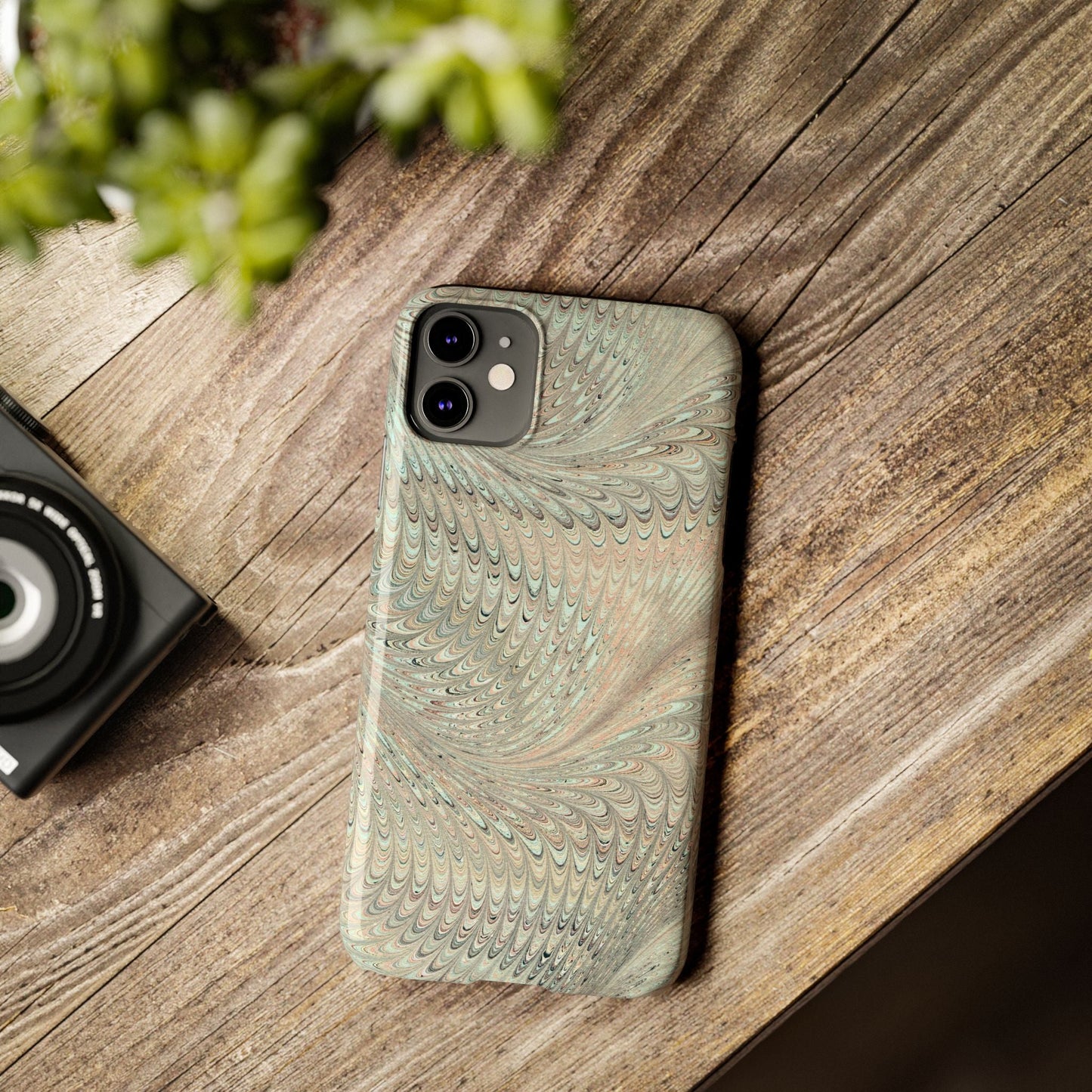 Marbled VIntage Design, Italian Feather Phone Case, Green Hues, Mint, Beige, Neutrals, Slim Phone Cases, IPHONE16 and all sizes